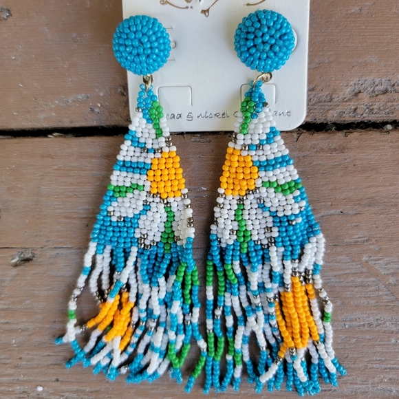 💣LAST 1🌈 Turquoise blue Daisy Flower Seed bead fringe earrings boho hippie - Picture 5 of 7